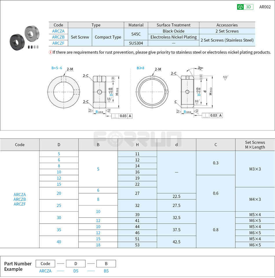Shaft Collars - Set Screw, Compact Type Drawing/Specifications