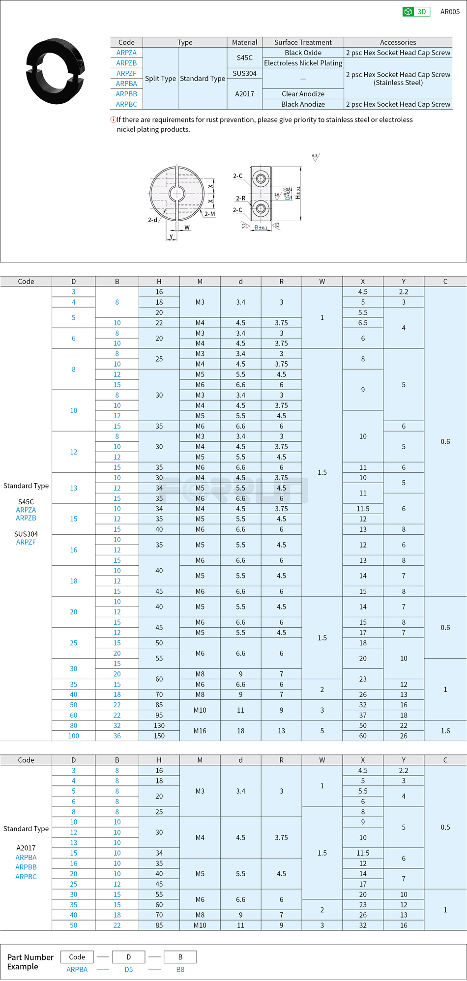 Shaft Collars - Split Type, Standard Type Drawing/Specifications