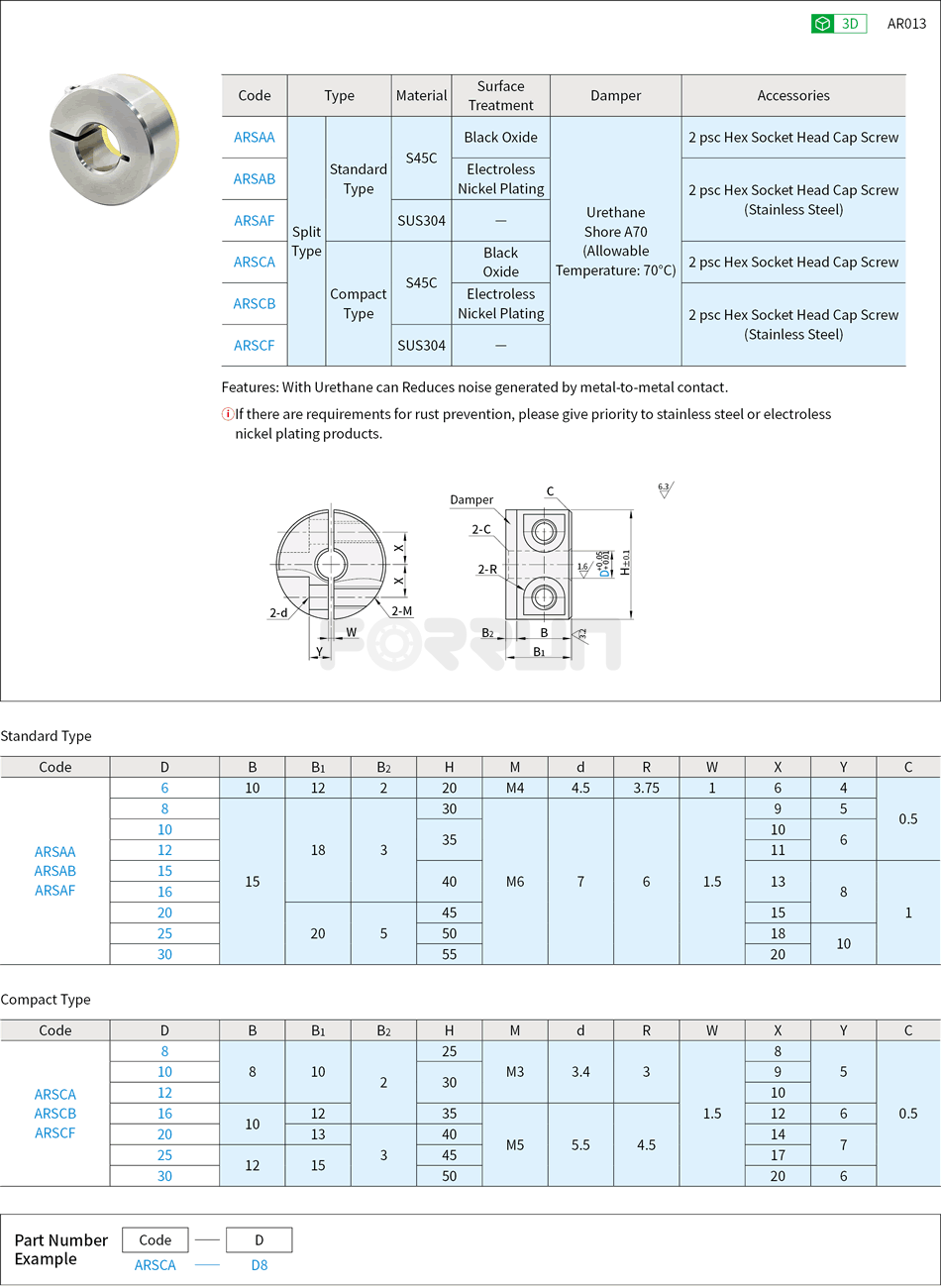 Shaft Collars - Split Type, Standard · Compact Type with Urethane Drawing/Specifications