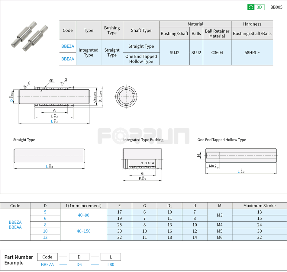 Miniature Ball Bearing Guide Sets - with Retaining Ring Drawing/Specifications