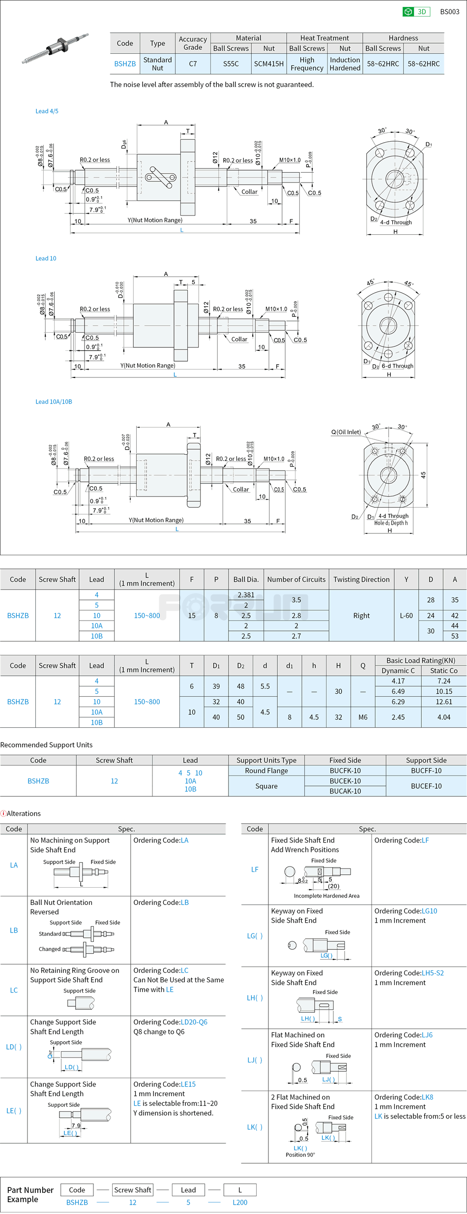 Rolled Ball Screws - Thread Diameter 12, Lead 4/5/10 Drawing/Specifications