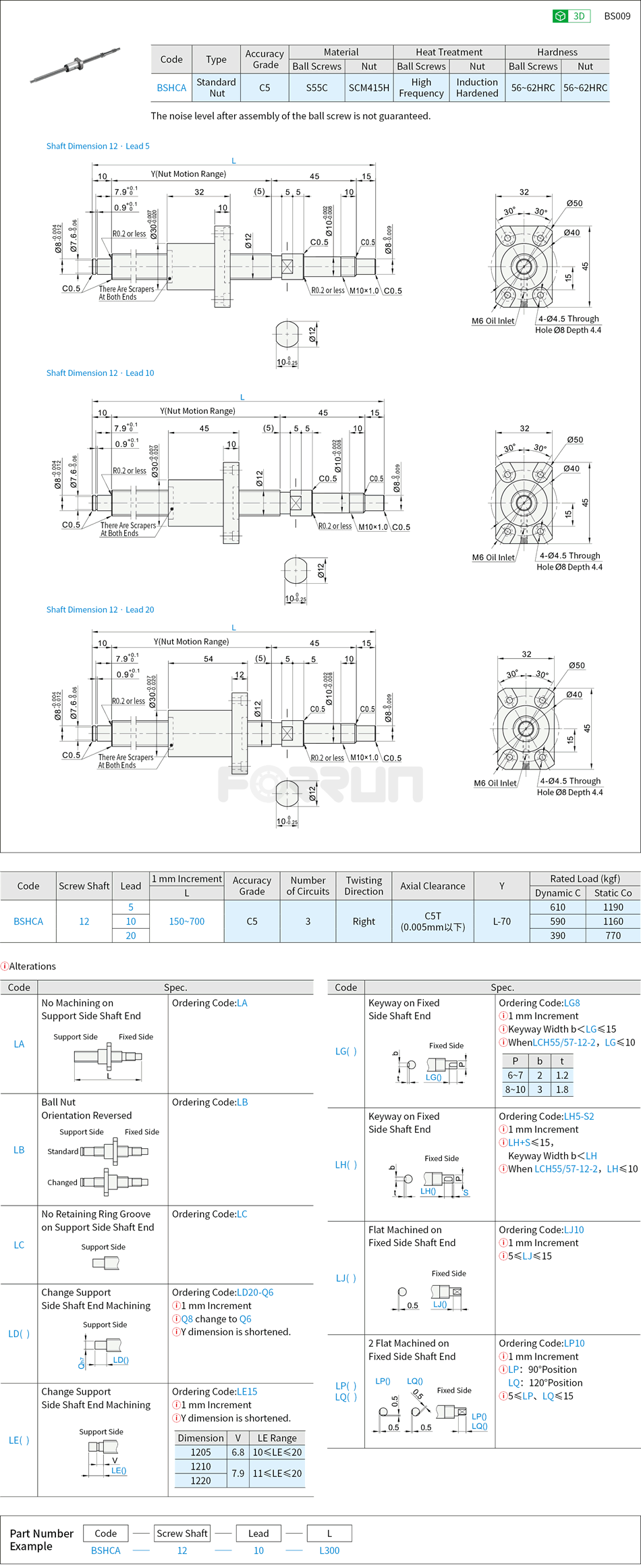 Precision Ball Screws - Thread Diameter 12, Lead 5/10/20 Drawing/Specifications