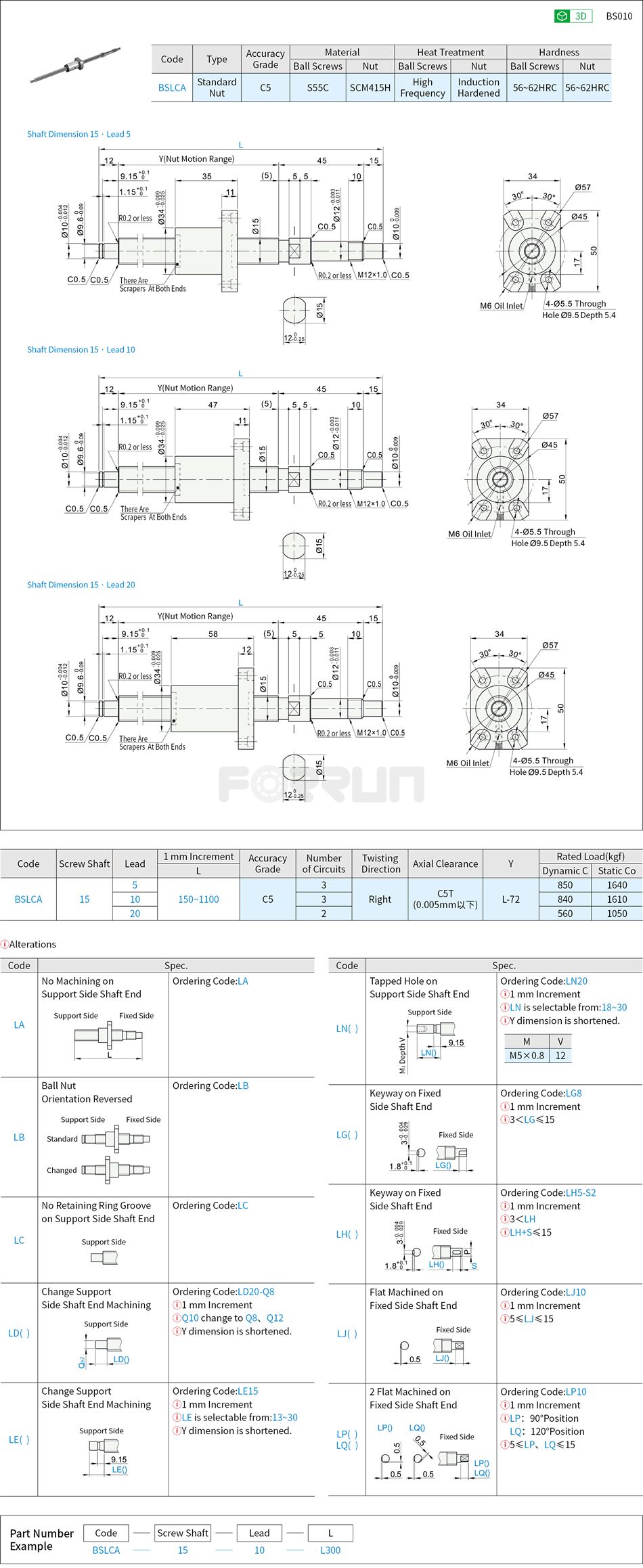 Precision Ball Screws - Thread Diameter 15, Lead 5/10/20 Drawing/Specifications