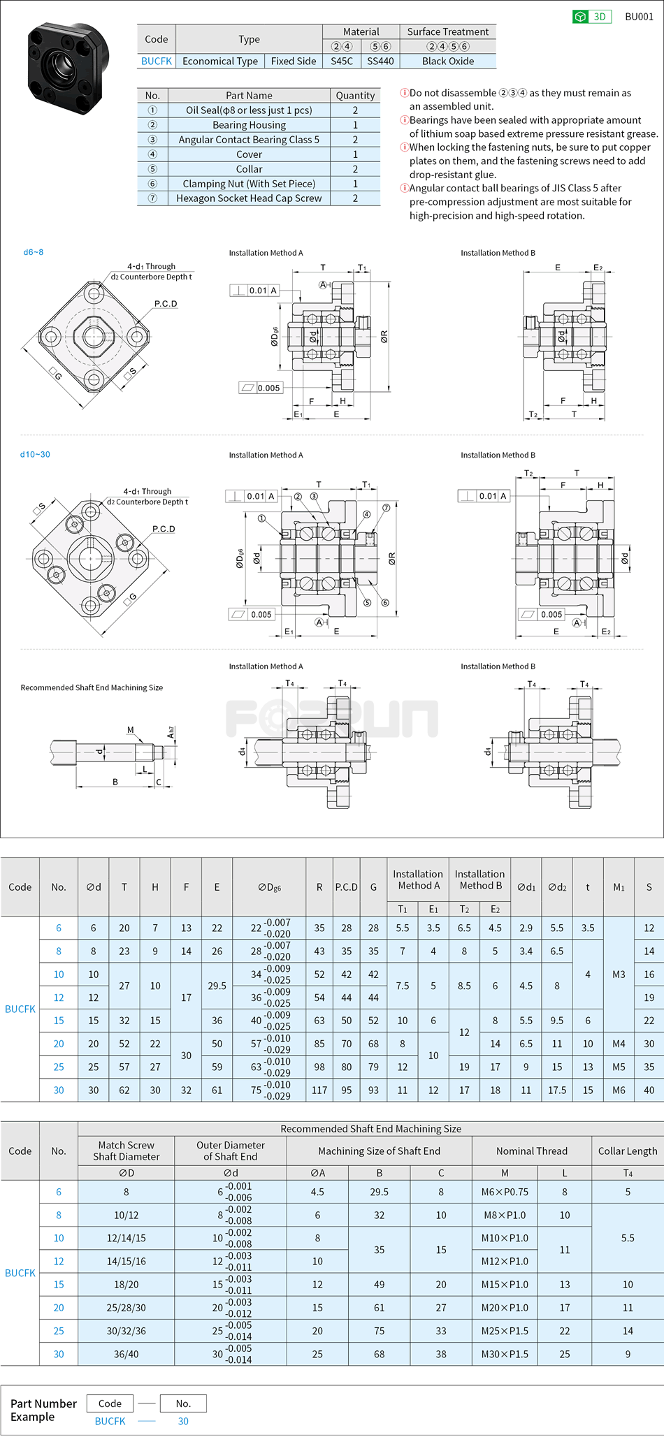 Ball Screw Support Units - Fixed Side, Round Type, FK Series, Grade Accuracy C7 Drawing/Specifications