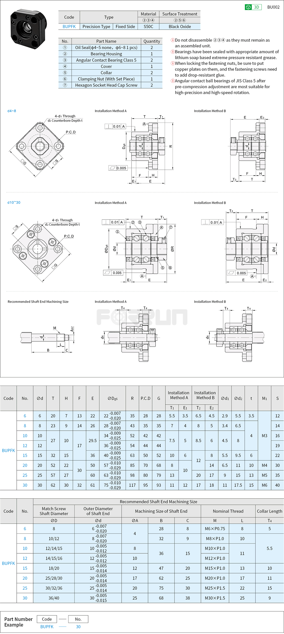 Ball Screw Support Units - Fixed Side, Round Type, FK Series, Grade Accuracy C5 Drawing/Specifications
