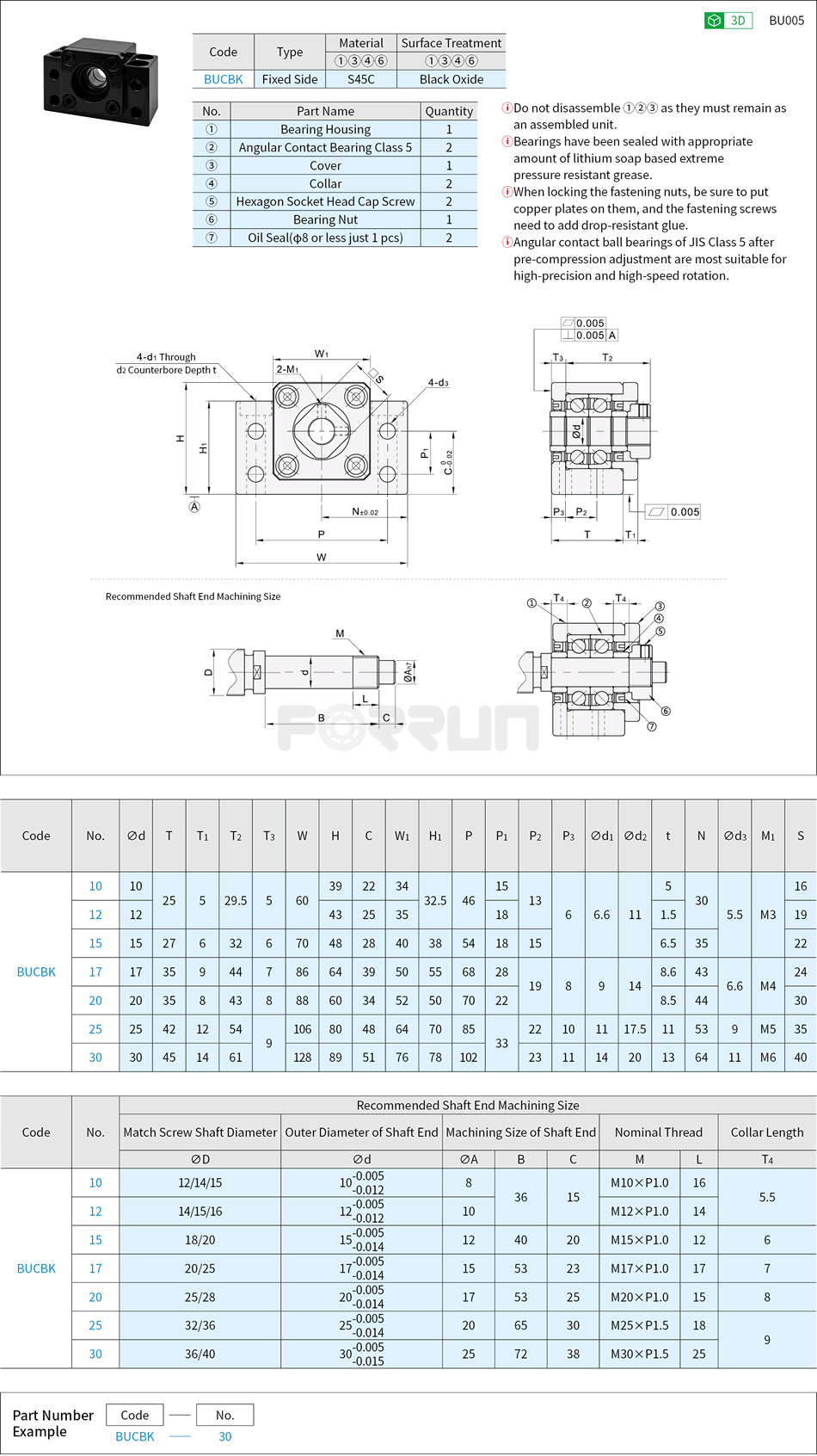 Ball Screw Support Units - Fixed Side, Square Type, BK Series, Grade Accuracy C5 Drawing/Specifications