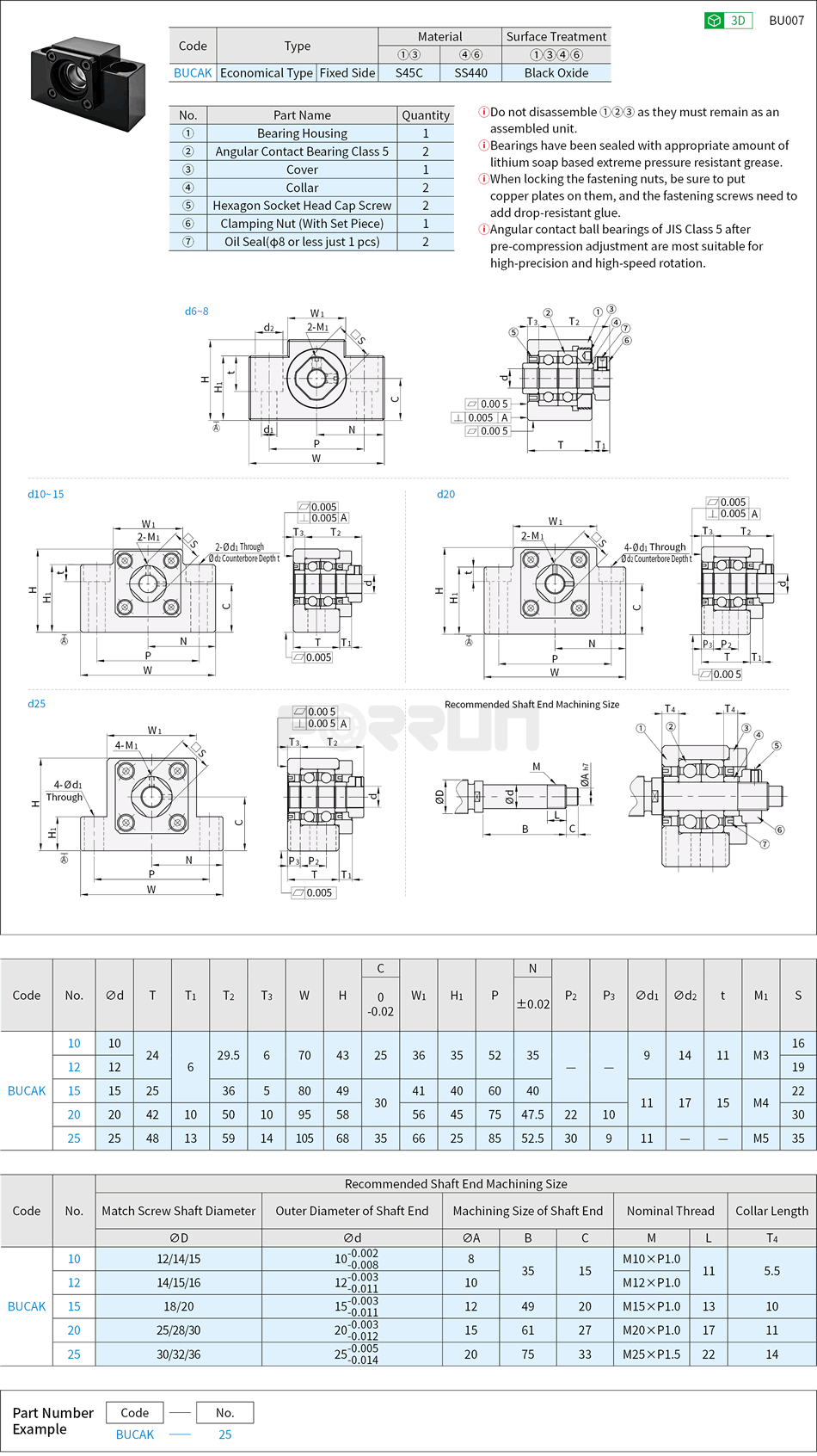 Ball Screw Support Units - Fixed Side, Square Type, AK Series, Grade Accuracy C5 Drawing/Specifications