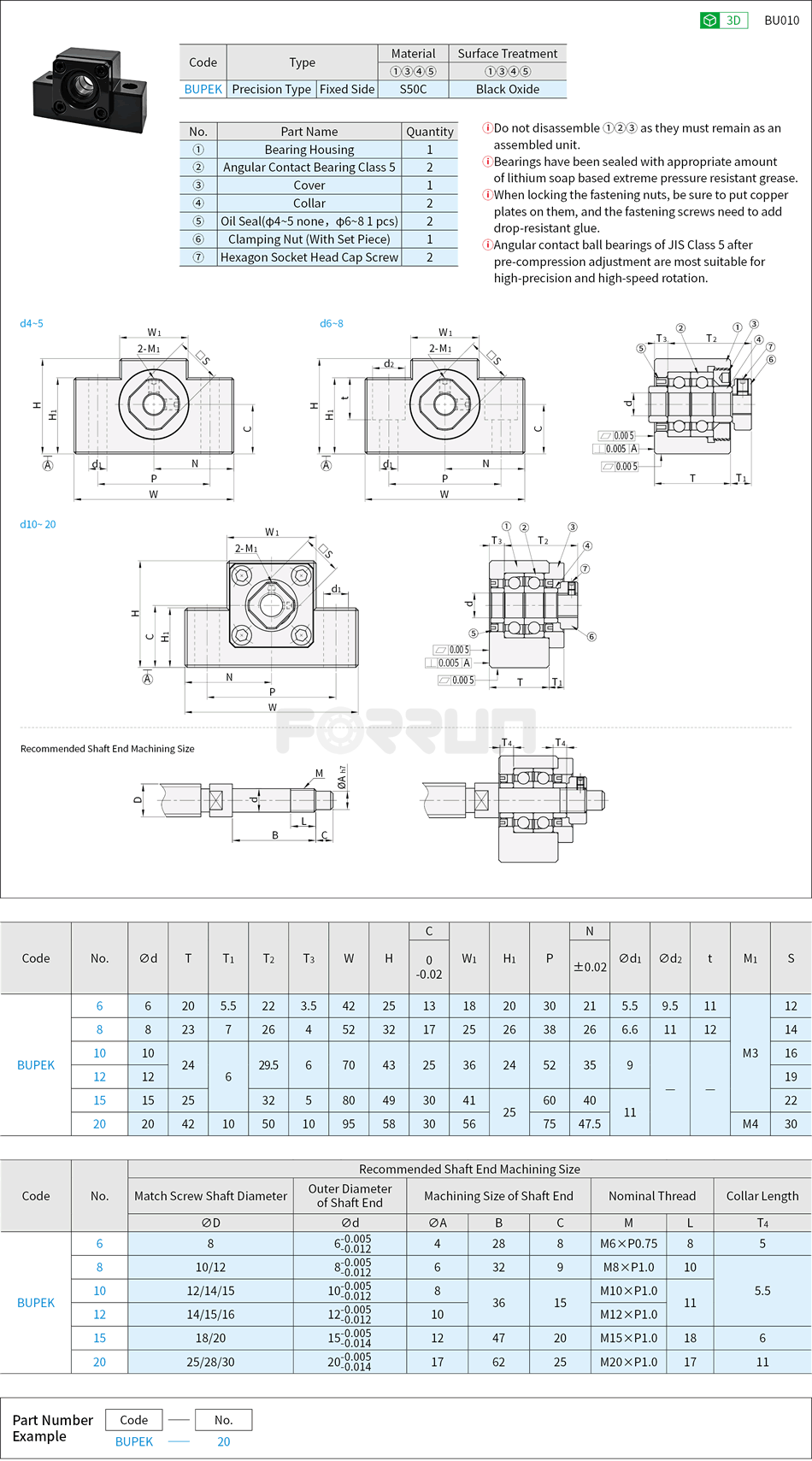 Ball Screw Support Units - Fixed Side, Square Type, EK Series, Grade Accuracy C5 Drawing/Specifications