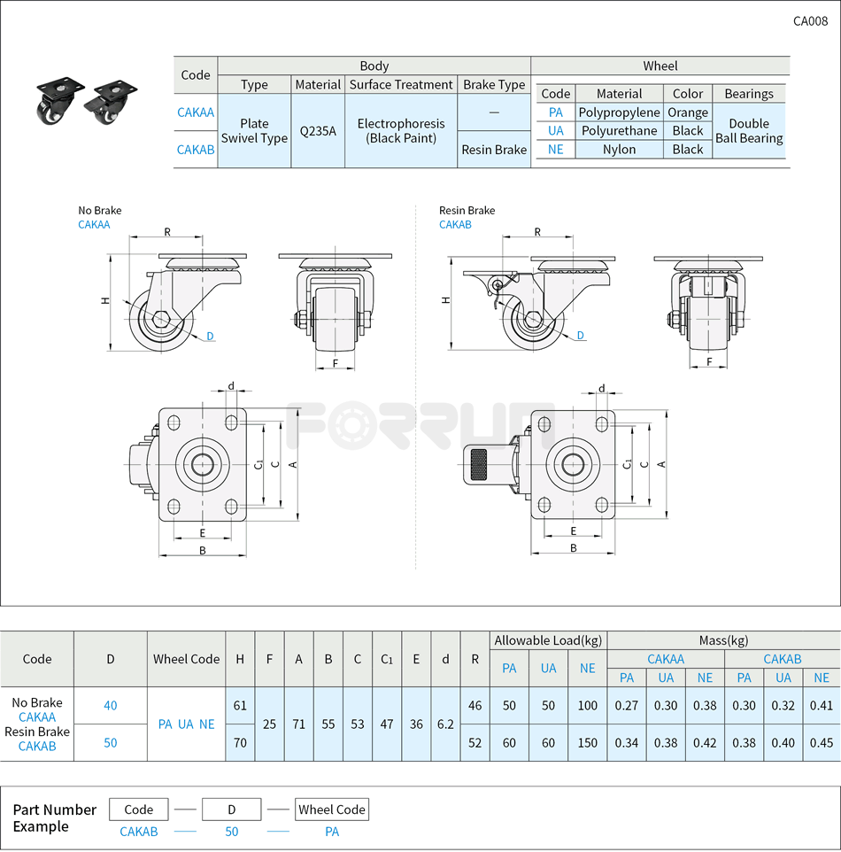 Casters - Light-Medium Load, Plate Swivel Type Drawing/Specifications
