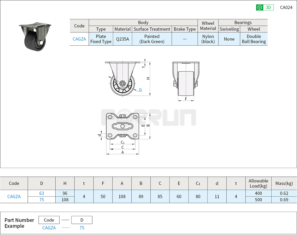 Low Profile Casters - Heavy Load, Plate Fixed Type Drawing/Specifications