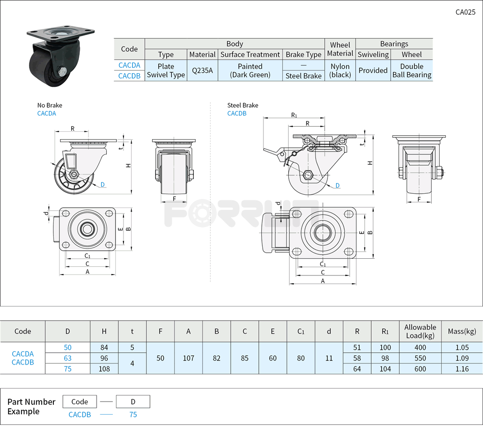Low Profile Casters - Heavy Load, Plate Swivel Type Drawing/Specifications