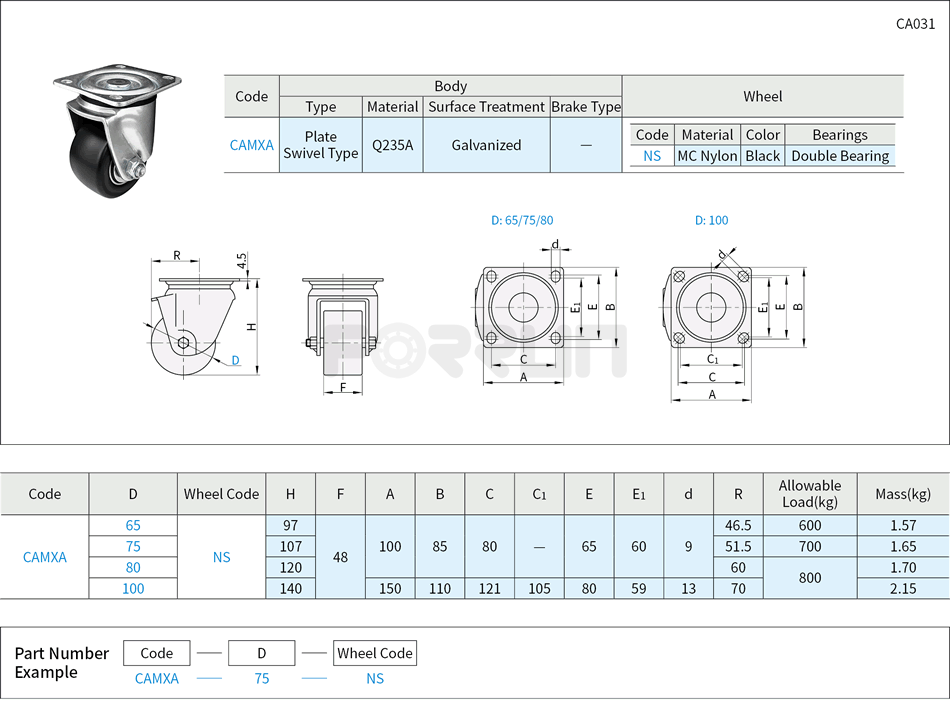Casters - Super Heavy Load, Allowable Load 600~800kg, Plate Swivel Type Drawing/Specifications