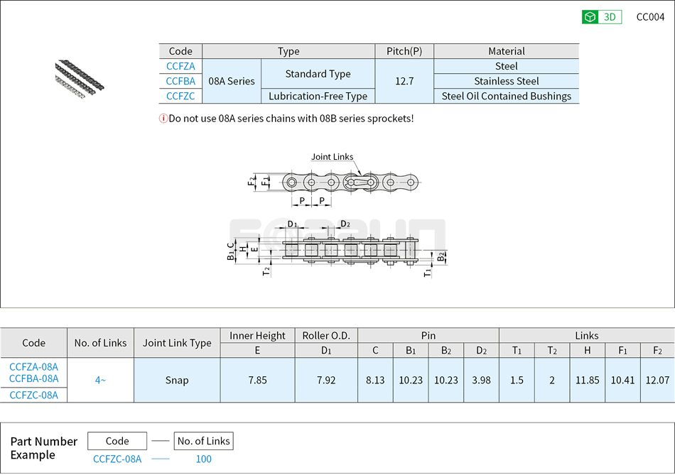 Chains - 08A(40) Series Drawing/Specifications