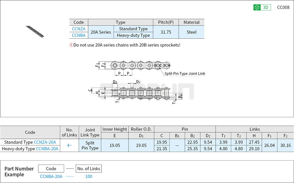 Chains - 20A(100) Series Drawing/Specifications