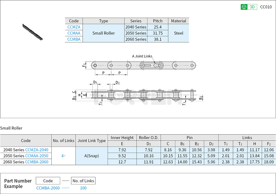 Double Pitch Roller Chain - Small Roller, Conveyor Type, C2040/2050/2060(C208A/C210A/C212A) Series Drawing/Specifications