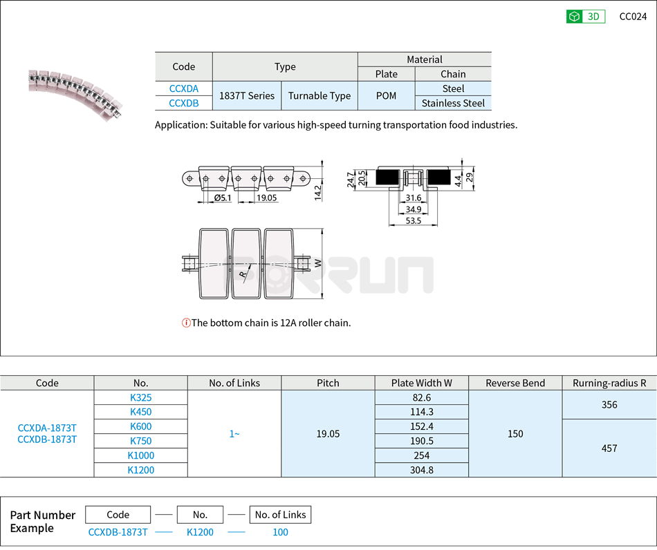 Conveyor Belt Chains - Turnable Type, 1873T Series Drawing/Specifications