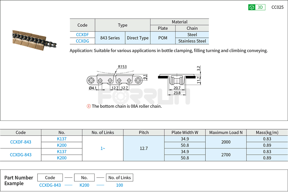 Conveyor Belt Chains - Direct Type, 843 Series Drawing/Specifications