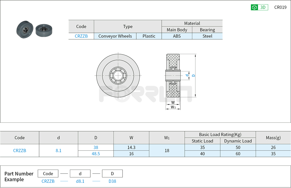 Conveyor Wheels - Plastic Drawing/Specifications