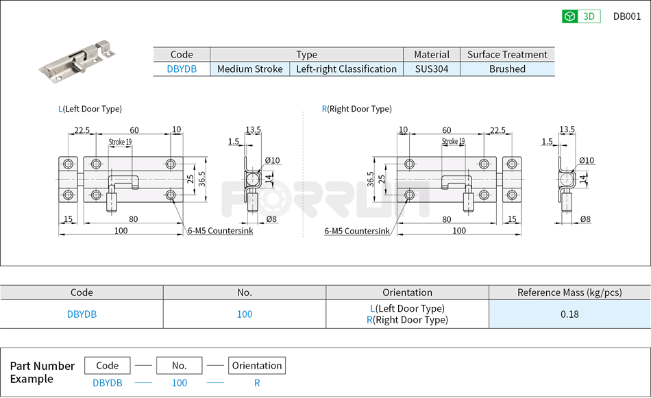 Barrel Bolt - Round Latch, Medium Stroke, Left-right Classification Drawing/Specifications