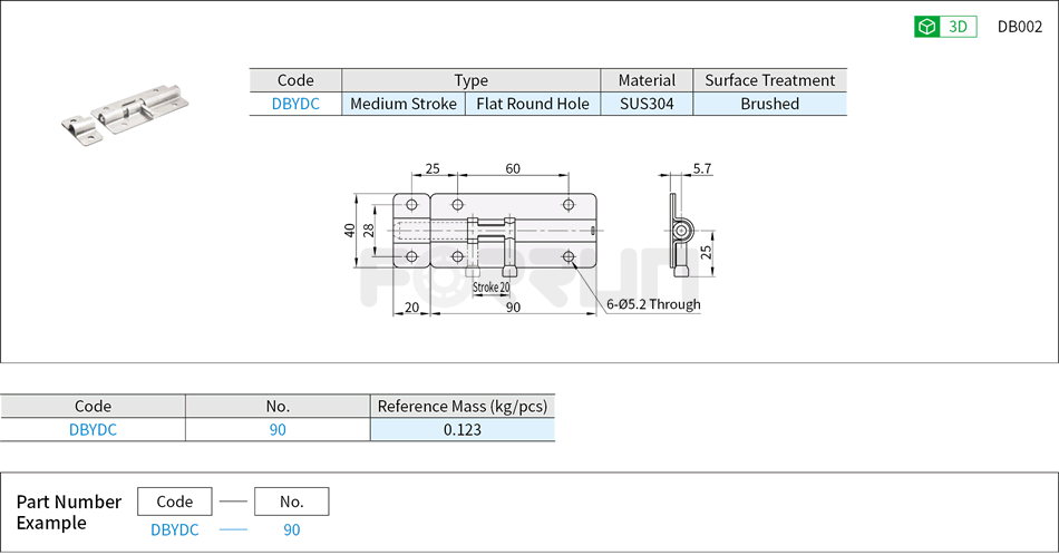 Barrel Bolt - Round Latch, Medium Stroke, Flat Type Drawing/Specifications