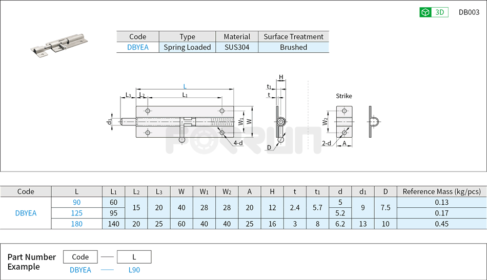 Spring Loaded Barrel Bolt - Round Latch, Medium Stroke Drawing/Specifications
