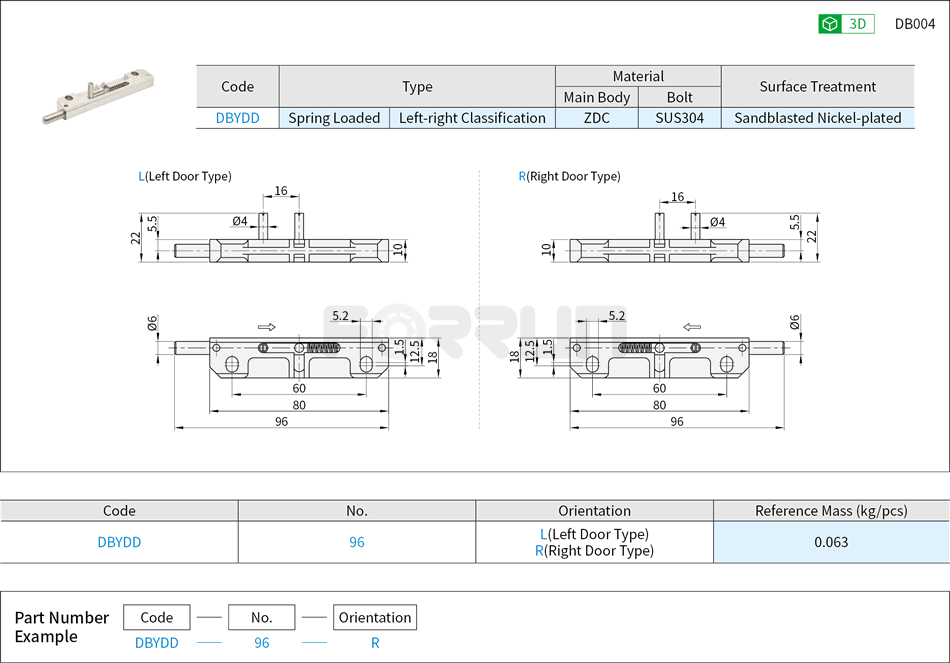 Spring Loaded Barrel Bolt - Round Latch, Medium Stroke, Left-right Classification Drawing/Specifications