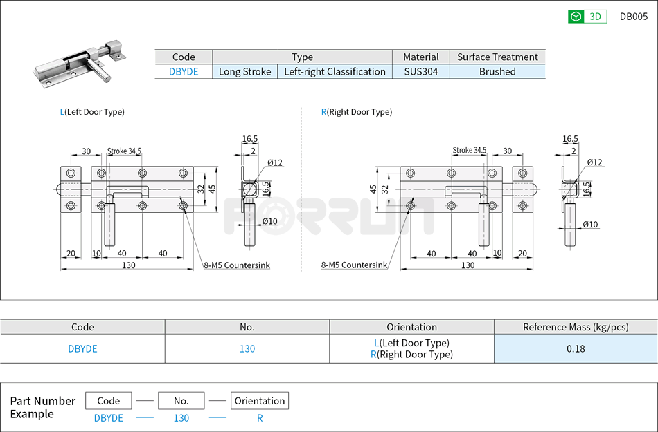 Barrel Bolt - Round Latch, Long Stroke, Left-right Classification Drawing/Specifications