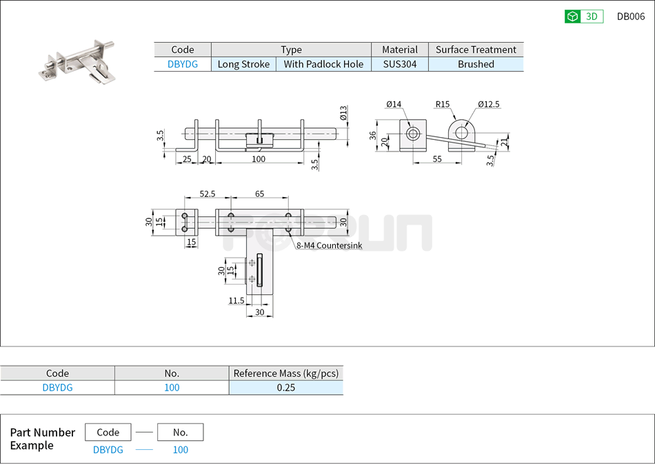 Barrel Bolt - Round Latch, Long Stroke, with Padlock Hole Drawing/Specifications