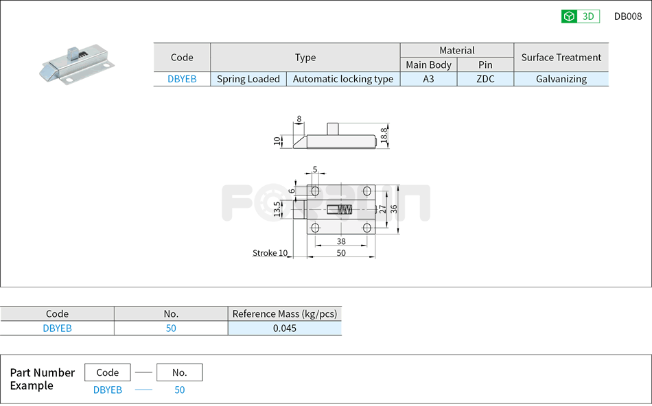 Spring Loaded Slide Bolt - Square Latch, Short Stroke Drawing/Specifications