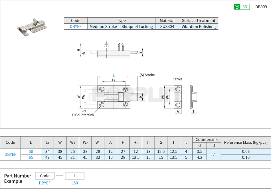 Spring Loaded Slide  Bolt - Square Latch, Medium Stroke Drawing/Specifications
