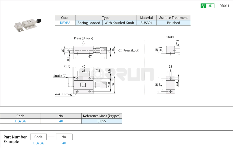 Push Bolt - with Knurled Knob Drawing/Specifications