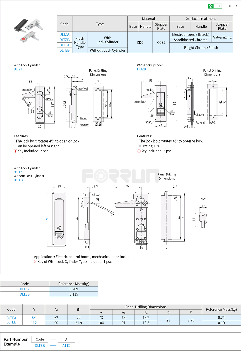 Flush Handle Locks - with Push Button, 1 Contact Points Drawing/Specifications