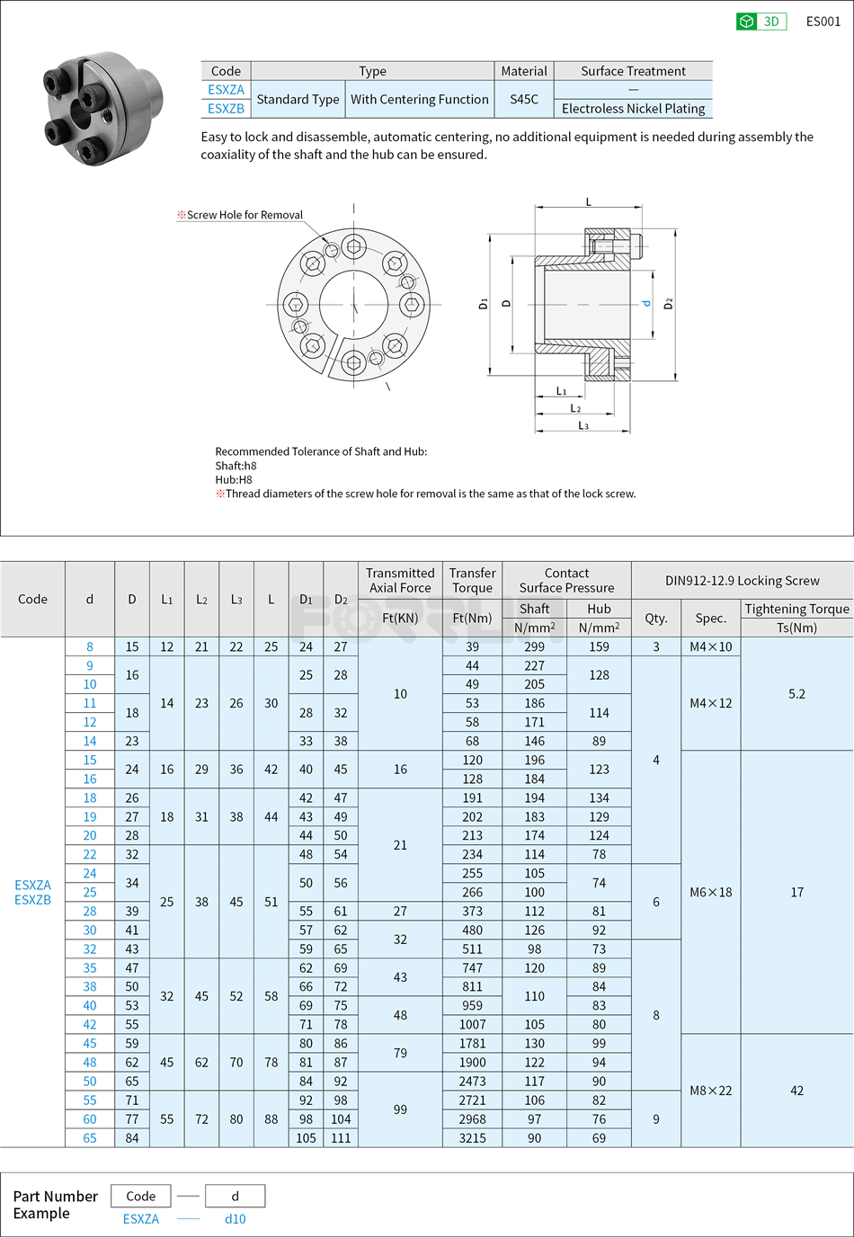 Keyless Bushings - Standard Type, With Centering Function, Z11 Type Drawing/Specifications