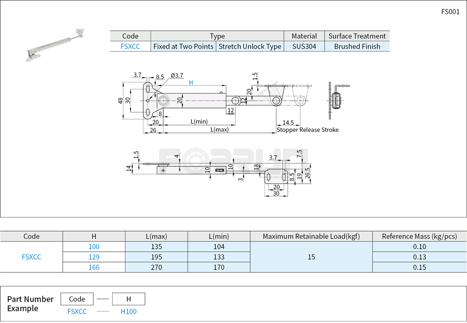 Canopy Stays - Stretch Unlock Type, Stainless Steel Drawing/Specifications