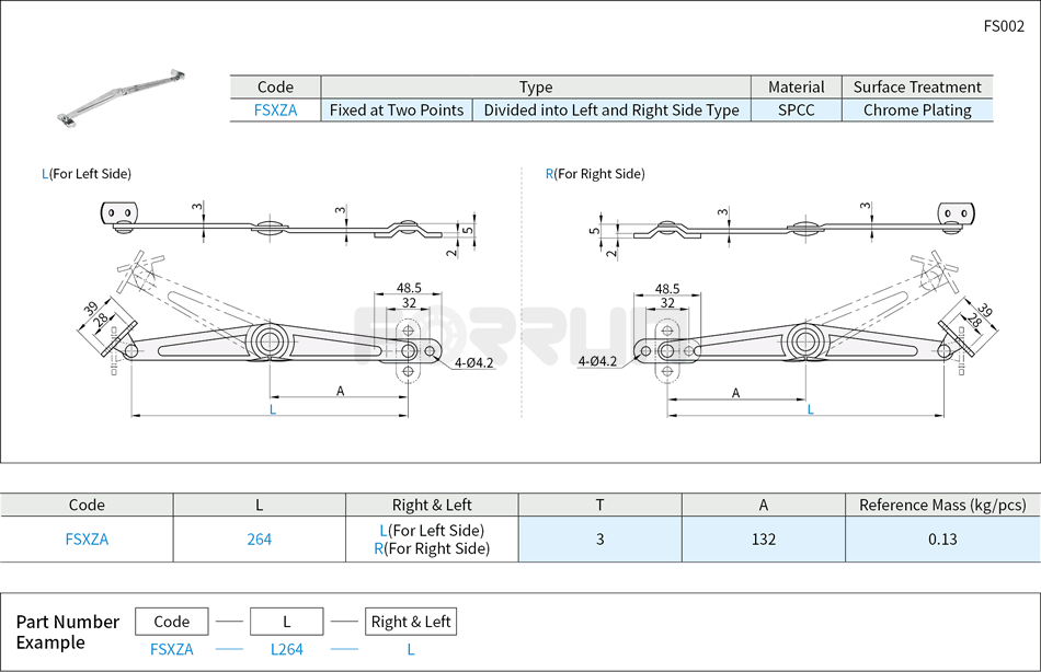 Rotary Stays - Left and Right Side Type, Carbon Steel Drawing/Specifications