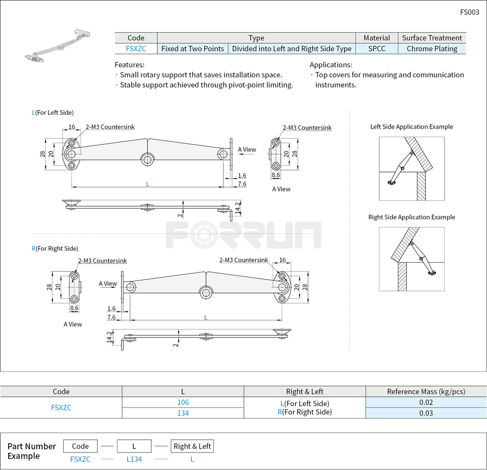 Rotary Stays - Auto Lock Type, Left and Right Side Type, Carbon Steel Drawing/Specifications