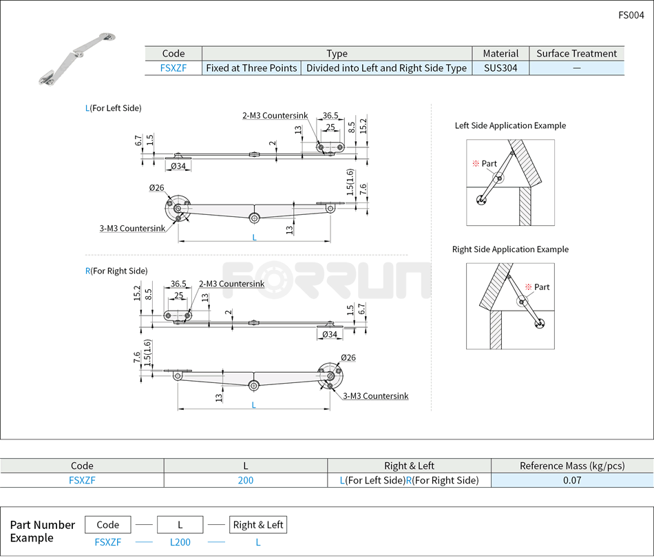 Rotary Stays - Fixed at Three Points, Left and Right Side Type, Stainless Steel Drawing/Specifications