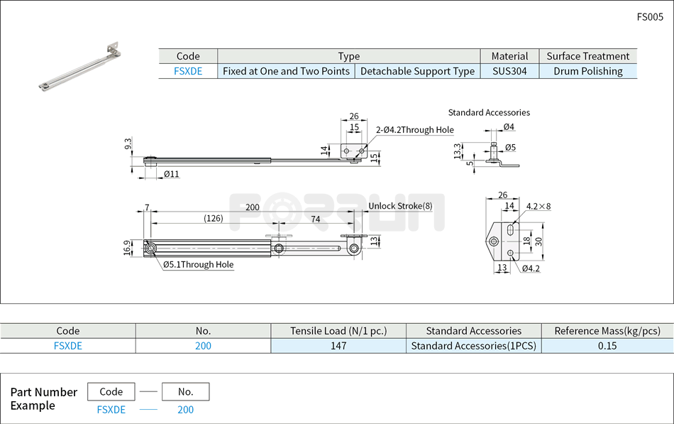 Spring Stays - Fixed at Two Points, Detachable Support Type, Stainless Steel Drawing/Specifications