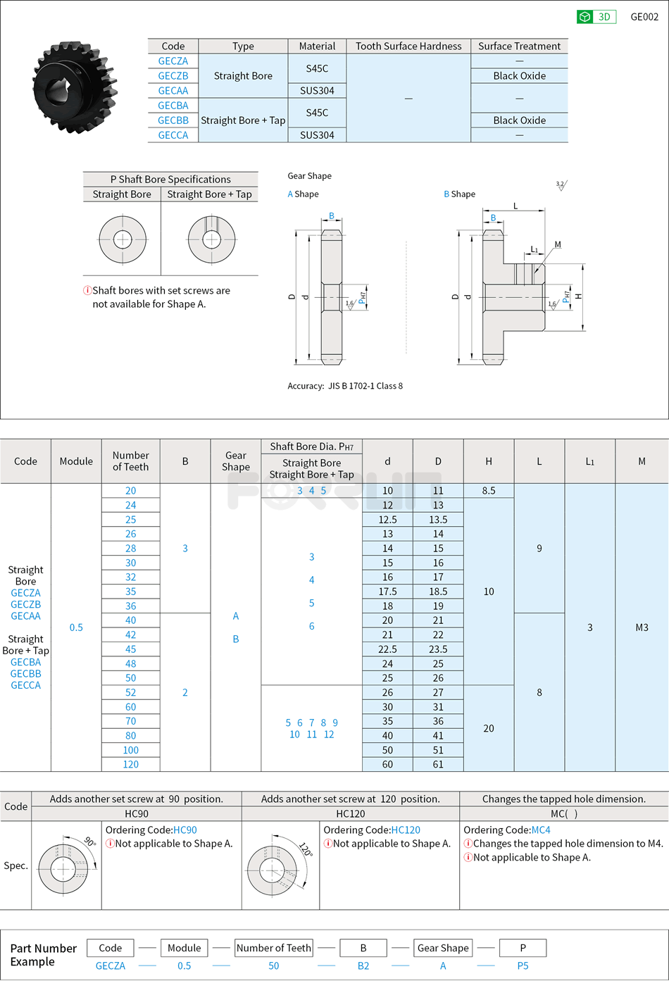 Spur Gears - Pressure Angle 20°, Module 0.5 Drawing/Specifications