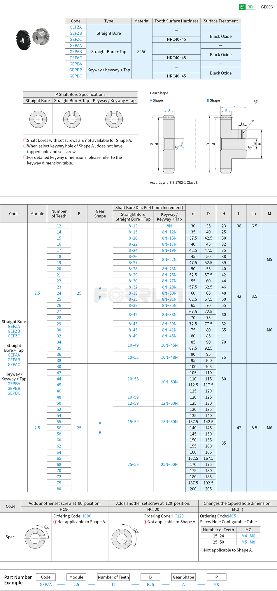 Spur Gears - Pressure Angle 20°, Module 2.5 Drawing/Specifications