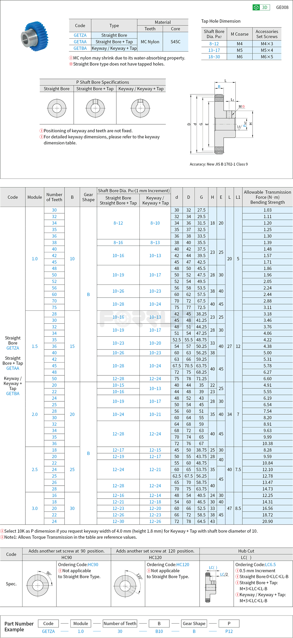 Bonded Plastic Spur Gears - Pressure Angle 20°, Module 1.0, 1.5, 2.0, 2.5, 3.0 Drawing/Specifications