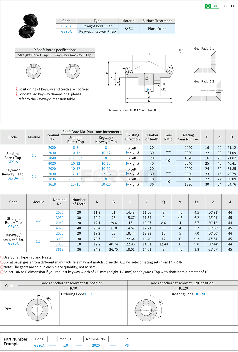 Bevel Gears - Pressure Angle 20°, Spiral Type, Module 1.0, 1.5, 2.0 Drawing/Specifications