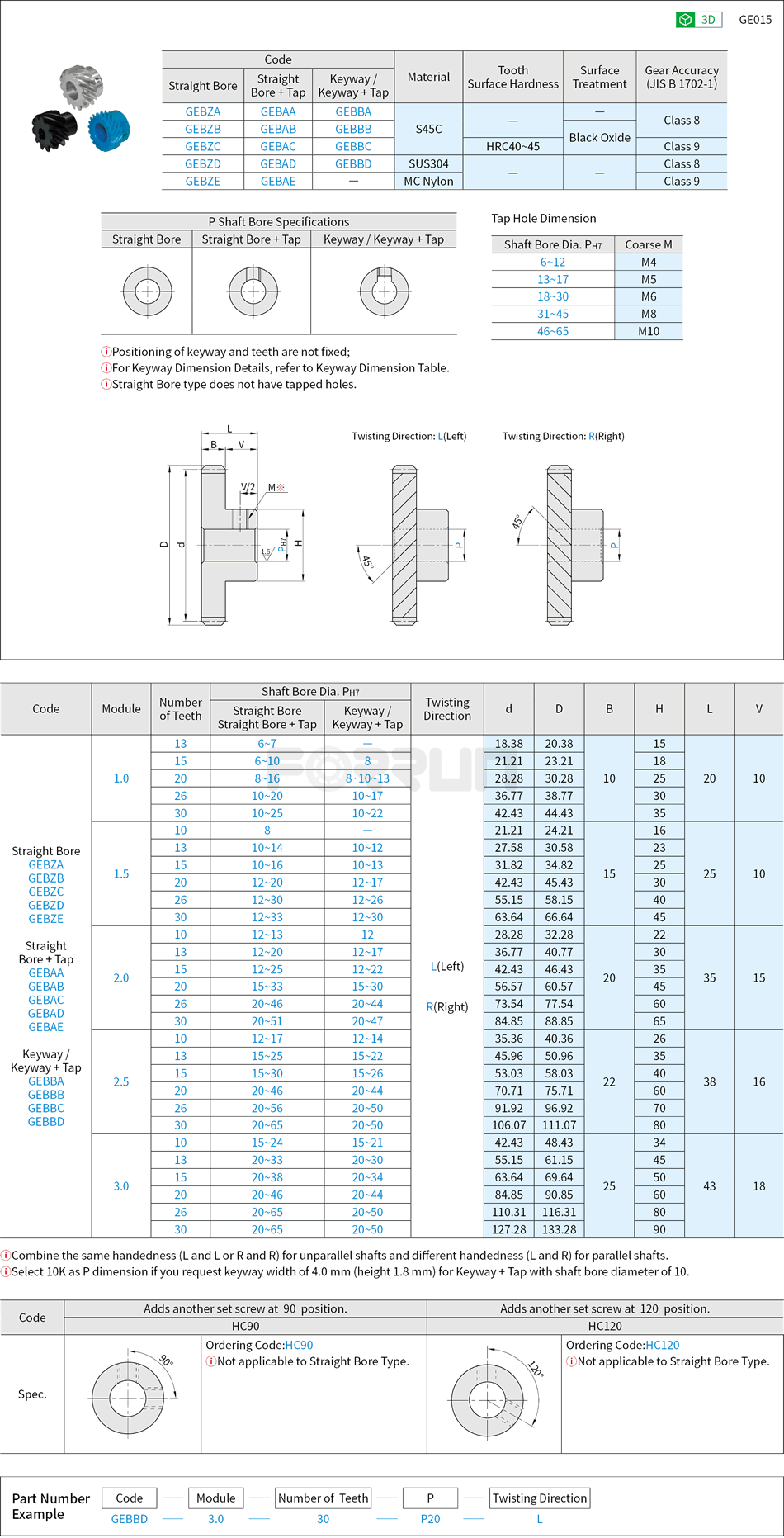 Helical Gears - Pressure Angle 20°, Helix Angle 45бу, Module 1.0, 1.5, 2.0, 2.5, 3.0 Drawing/Specifications