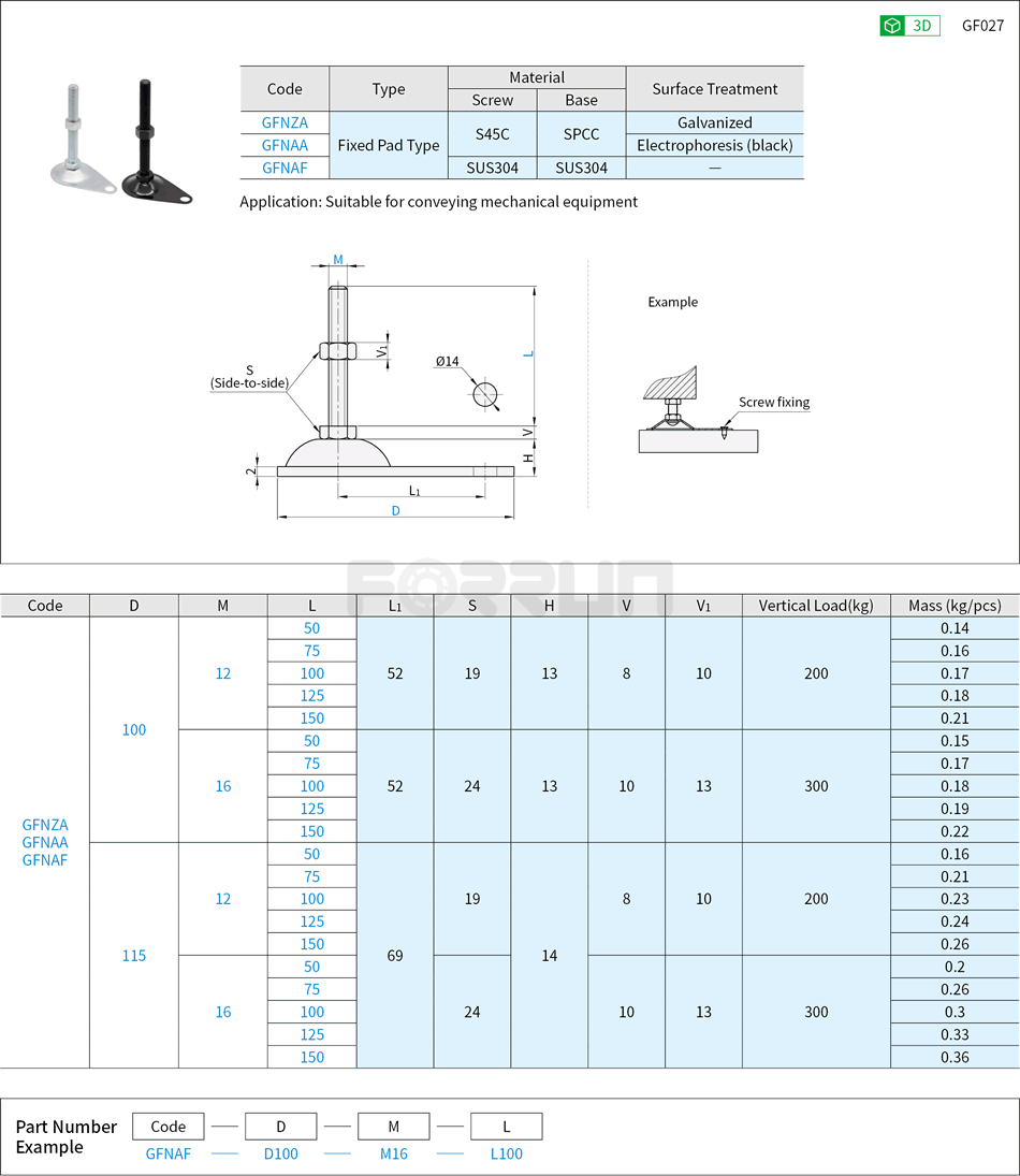 Leveling Mounts - Light Load, Fixed Pads Drawing/Specifications
