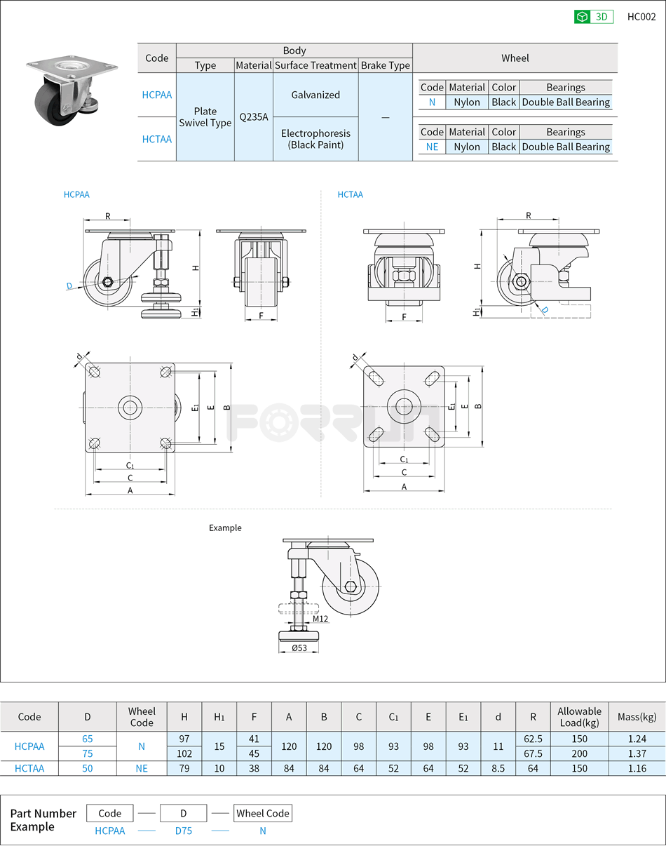 Casters with Leveling Mounts - Medium-Heavy Load, Square Plate Swivel Type Drawing/Specifications