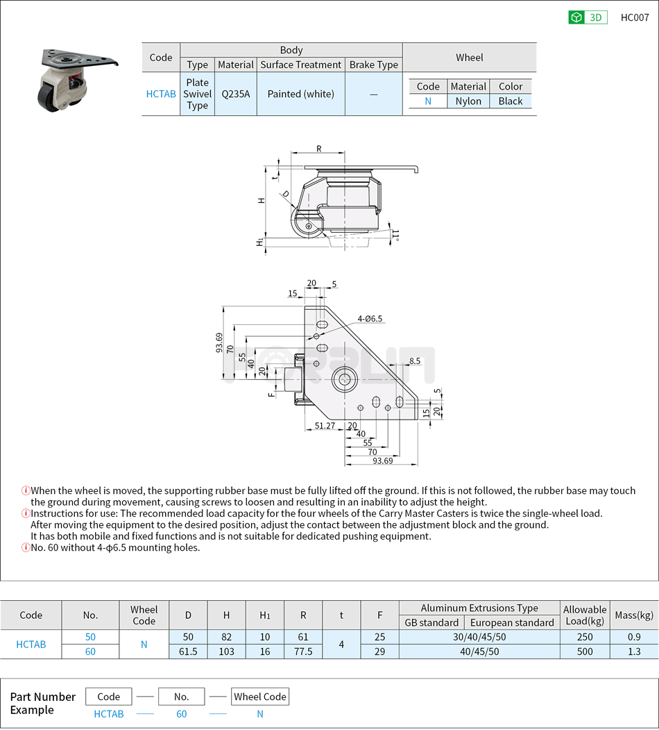 Casters for Aluminum Extrusions - Heavy Load, Triangle Plate Swivel Type Drawing/Specifications