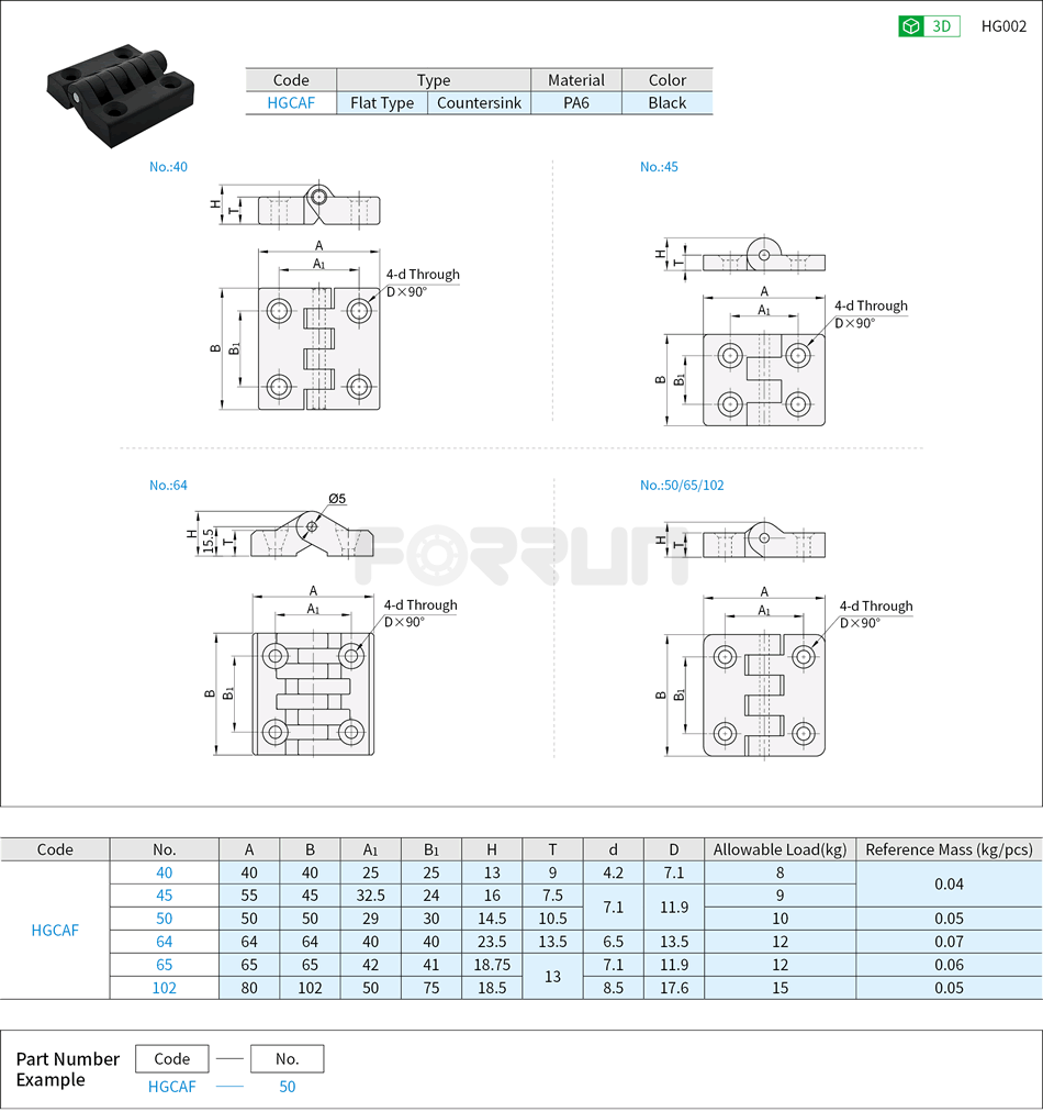 Nylon Plastic Hinges - Countersink Drawing/Specifications