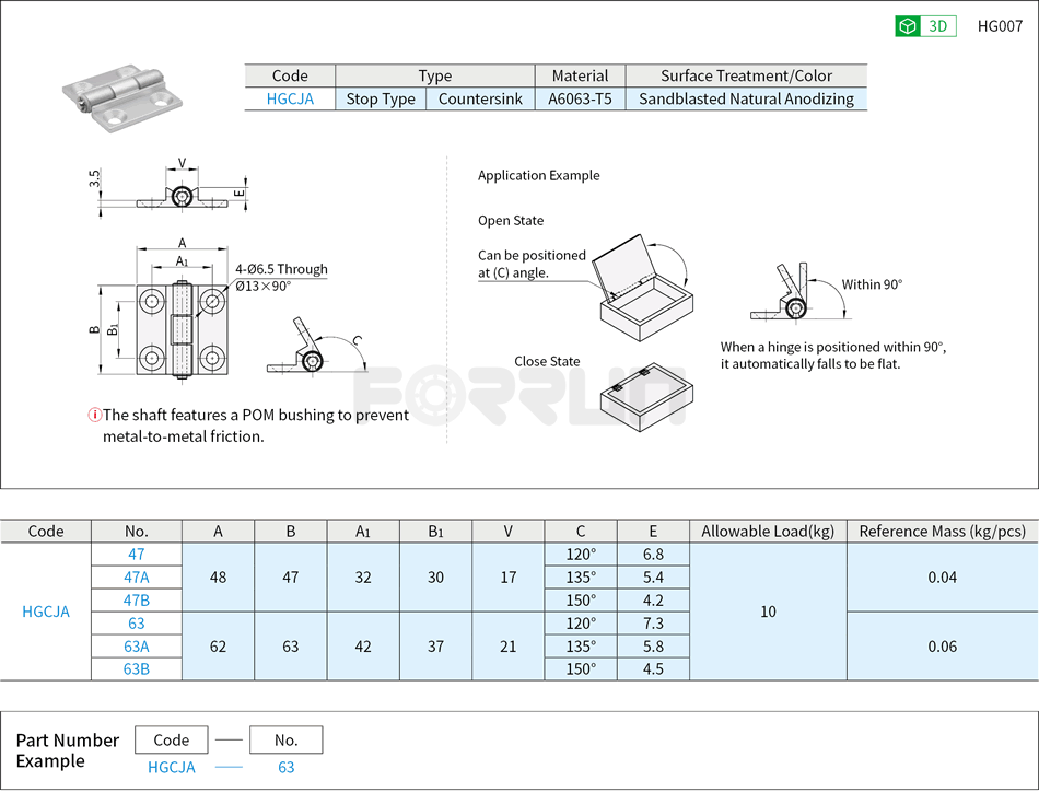 Aluminum Stop Hinges - Countersink Drawing/Specifications