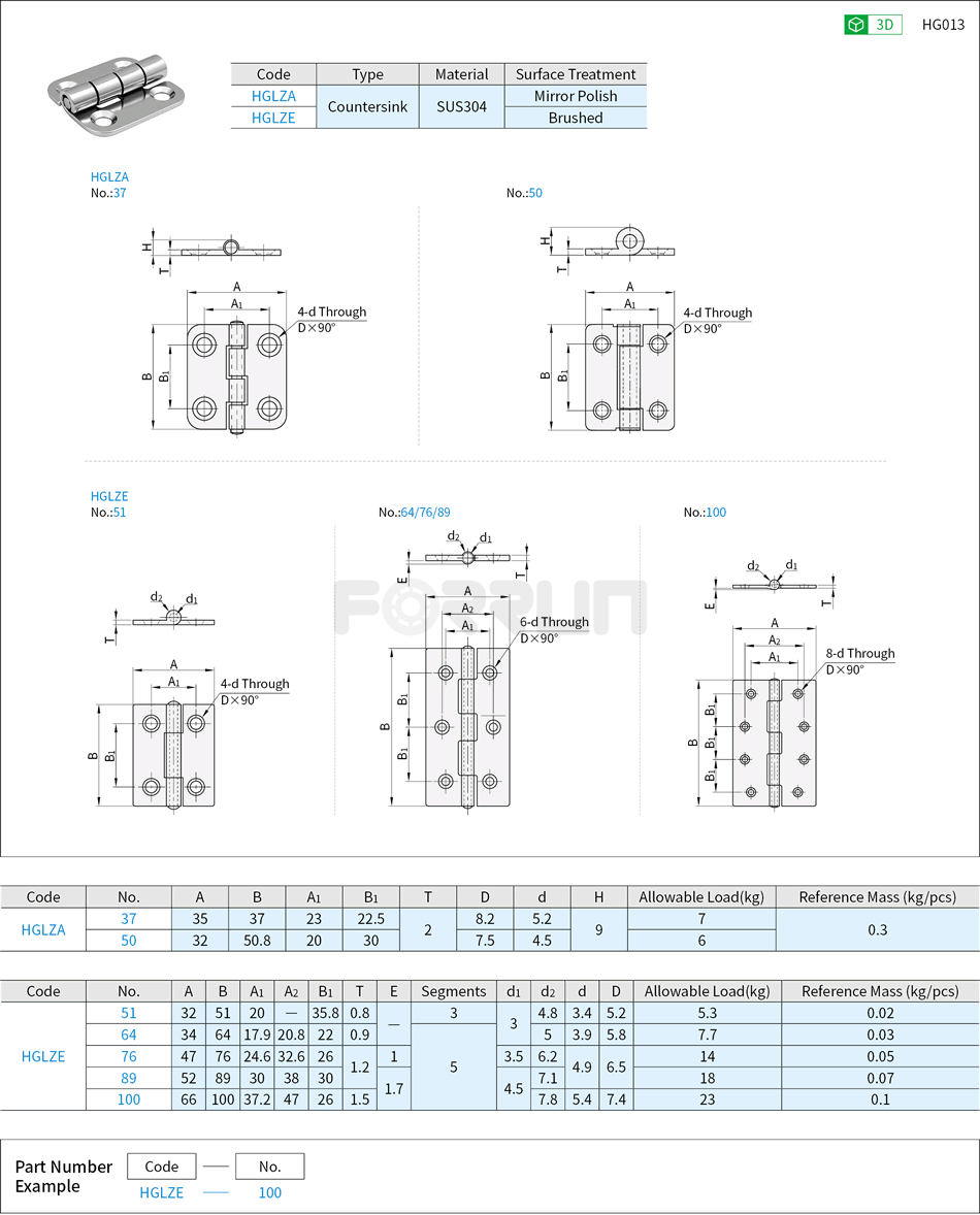 Stainless Steel Hinges - Countersink, SUS304 Drawing/Specifications