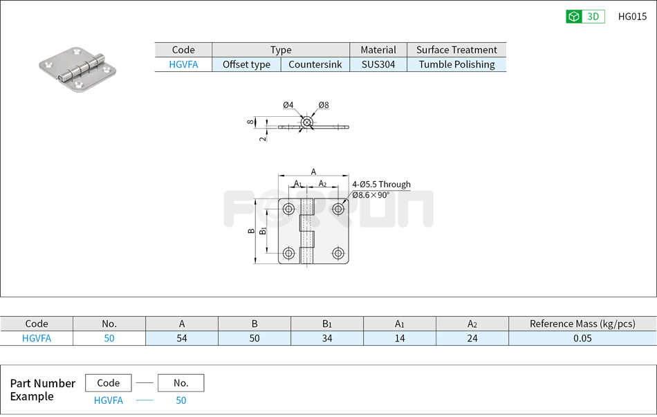 Stainless Steel Hinges - Countersink, Non-symmetrical Width Type Drawing/Specifications